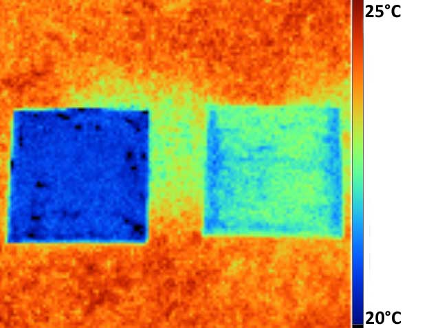 Temperature dva materijala pod infstacrvenom kamerom - nova boja (levo) i standardna komercijalna boja