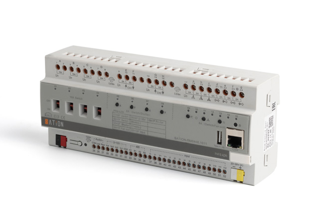 KNX Room Controller - SATION KNX Room Controller. 15 fold switch, shutter and FCU control, 4 fold 0-10V dimming, 12 fold universal interface, built-in Ethernet port, Audio play, KNX terminal and Rs-485 port.