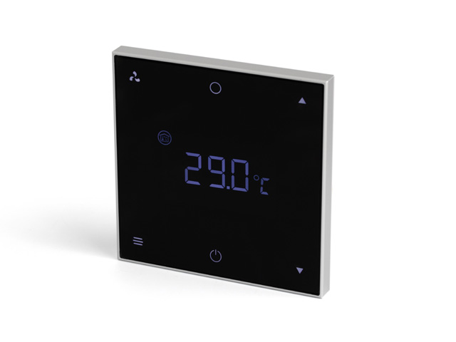 Multifunctional Room Thermostat - SATION KNX Multifunctional room thermostat. For AC/Floor Heating/Fresh Air Control, Temperature detection function, Temperature and humidity display, Temperature control algorithm, manual/automatic control. Frame Color options: 1 Polar Silver /2 Titanium Black /3 Gem Grey / 4 Rose Red / 5 Ceramic White/ 6 Champagne Gold.