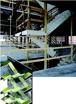 Detalj prefabrikovanih stepenica u izgradnji (dole levo šema udvojenih stepenica)