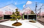 Ogledalom obložena fasada japanskog kafića odražava okolne trešnje u cvatu