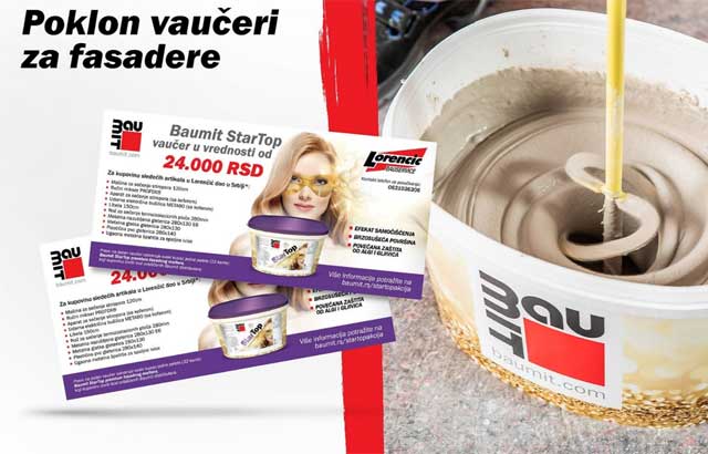 Uz Baumit StarTop fasadni malter - poklon vaučer od 24.000 RSD za nabavku fasaderskog alata u Lorenčić d.o.o.